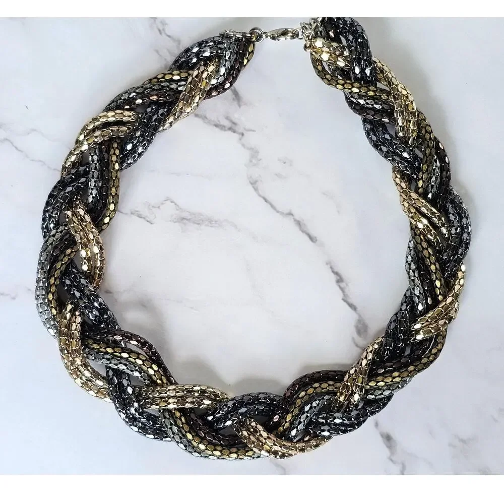Vtg Herringbone Collar Necklace Tri Color Braided Metal 1980s